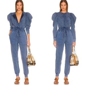 Ulla Johnson Sadie Jumpsuit medium blue puff shoulder long sleeve pockets